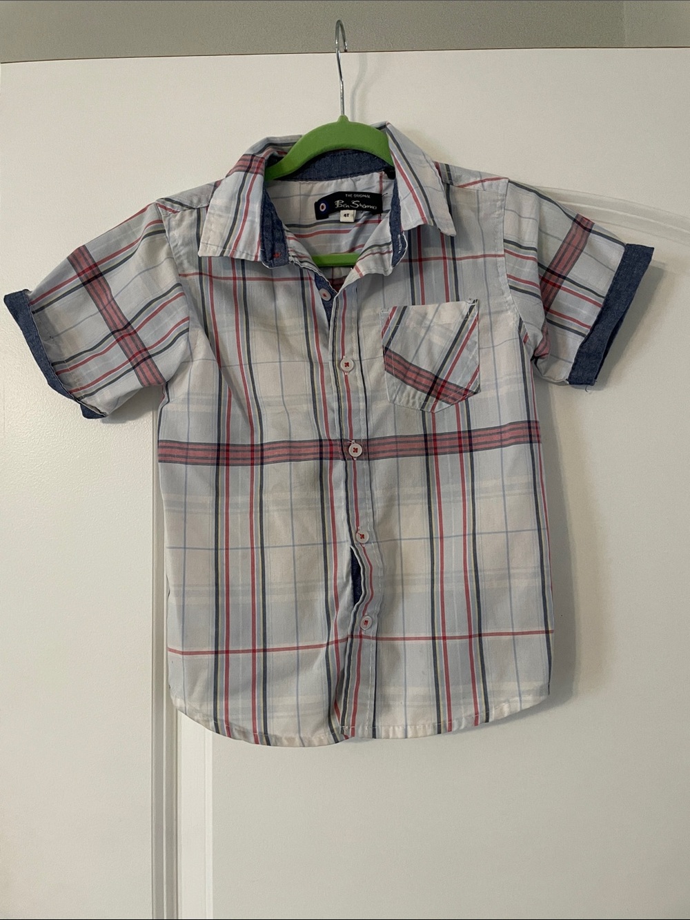 Ben Sherman White Plaid Short Sleeve Button-Down with Red & Blue Stripes